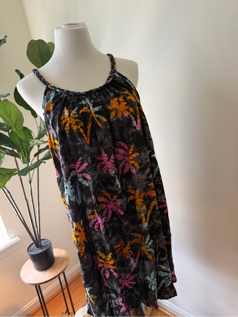 India Boutique Black Dress with Pink, Orange & Teal Palm Print